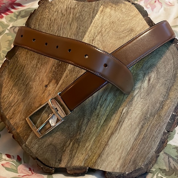 PERRY ELLIS Size W 32-38” Bonded Leather Belt Square Bright Silver Brown $49 NEW - Picture 7 of 13